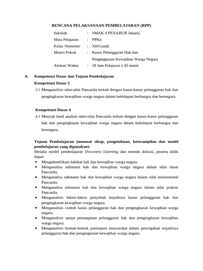 RPP PPKn Kelas XII KD 3.1 T.A. 2024-2025 | PDF