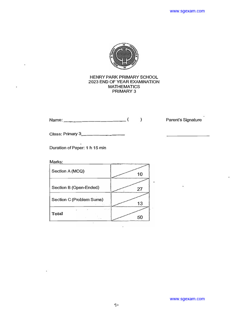 2023 p3 maths end of year exam henry park pdf