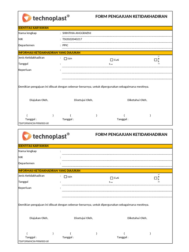 TSI - FORM.HCM-PRM.003-01 Form Pengajuan Ketidakhadiran | PDF