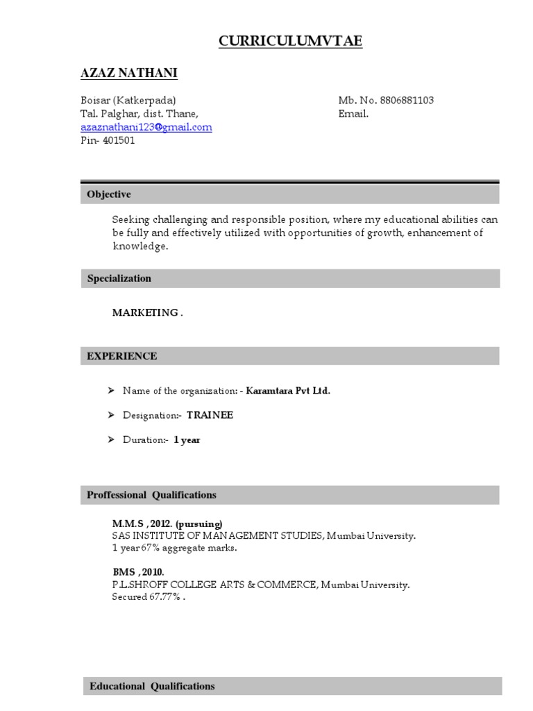 Azaz Nathani - Marketing Trainee CV | PDF