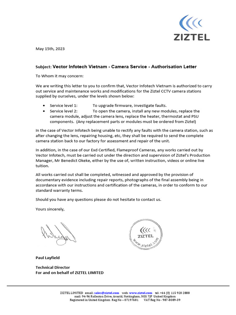 Pwl15 05 23 Letter Re Vector Infotech Service Authorisation Pdf
