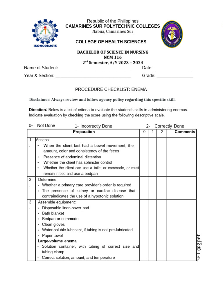 Enema Checklist NCM 116 Ay 23 24 2ND Sem | PDF | Rectum | Medical ...