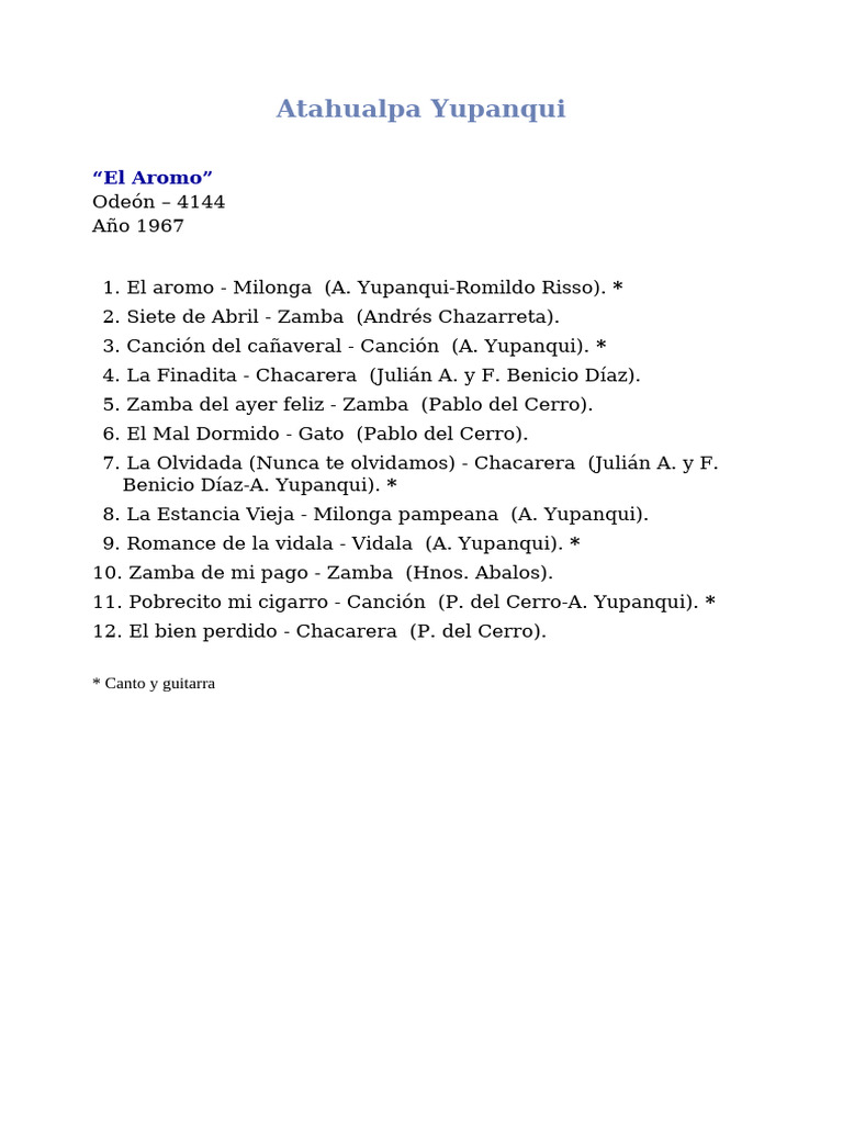Indice Y Refer De LP Atahualpa Yupanqui El Aromo PDF