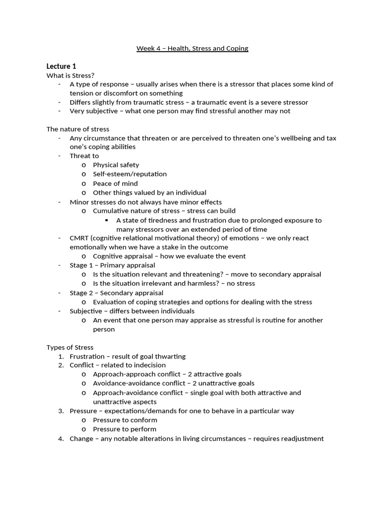 Week 4 - Health, Stress and Coping | PDF | Stress (Biology) | Alcoholism