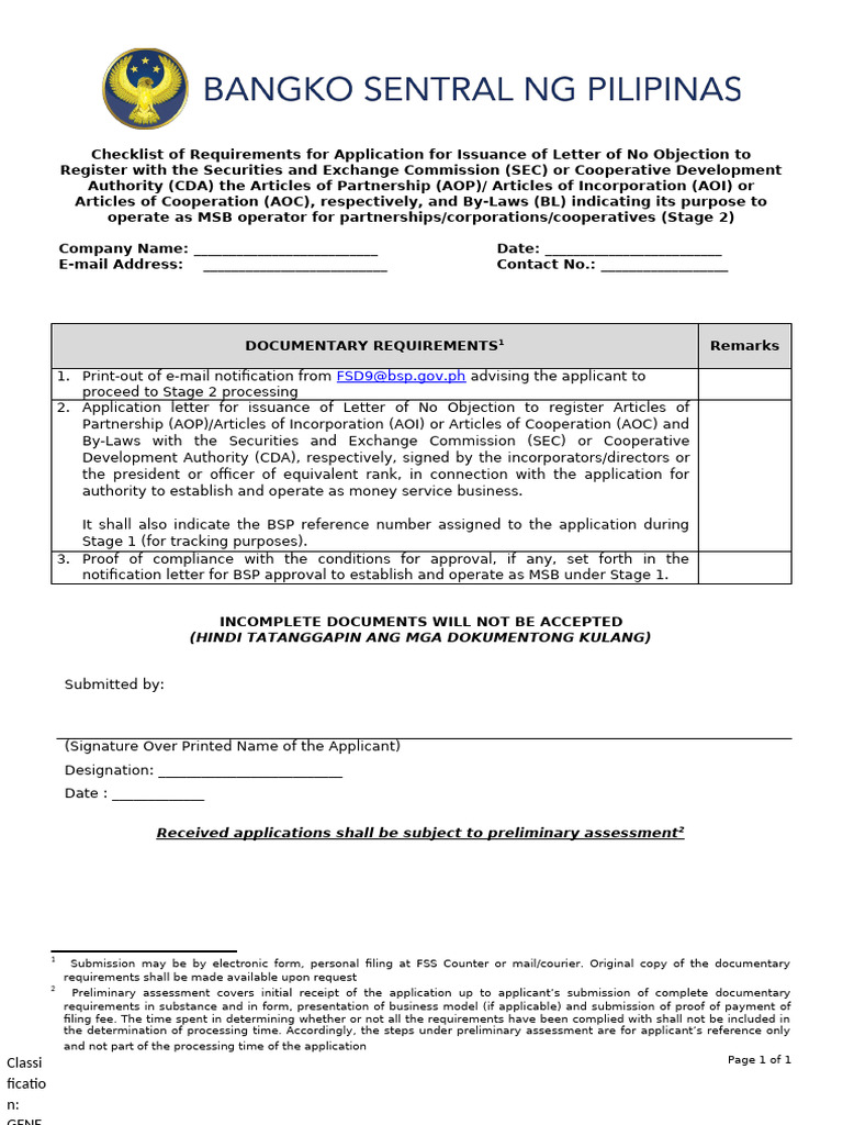 Annex I - Checklist of Requirements - MSB (Stage 2) | PDF