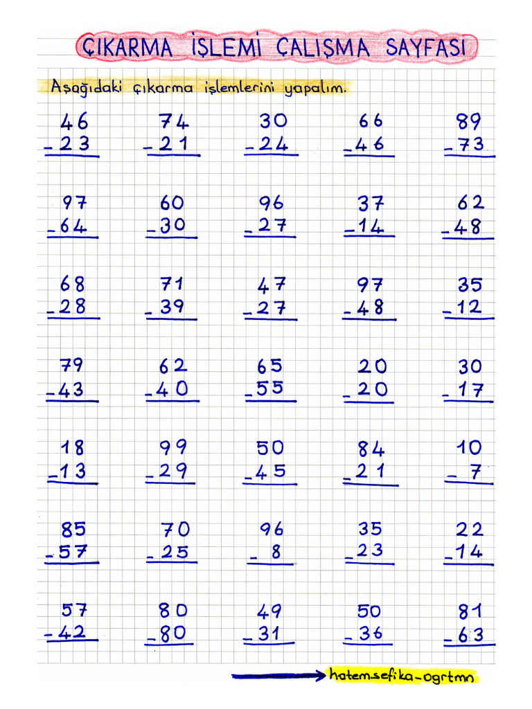 2 Sinif Cikarma Islemi Calisma Sayfasi Pdf