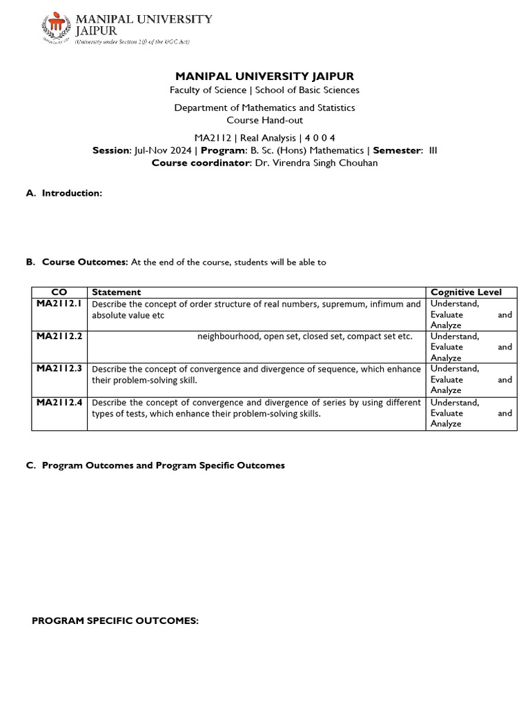 MA2112 - Real Analysis - Course Handout - DR V S Chouhan | PDF