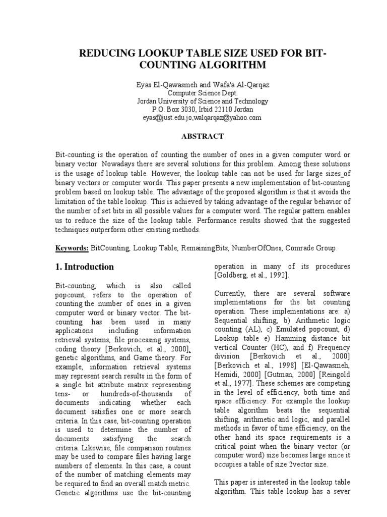Reducing Lookup Table Size Used For Bit-Counting Algorithm | PDF | Time ...