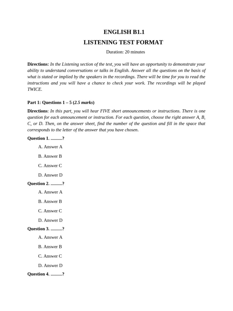 English B1.1 - Listening Test Format | PDF