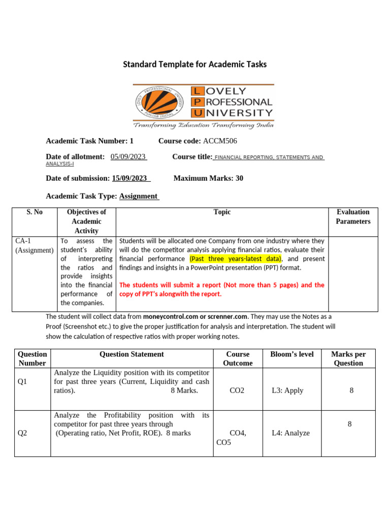 Standard Template For Academic Tasks: S. No Objectives of Academic ...