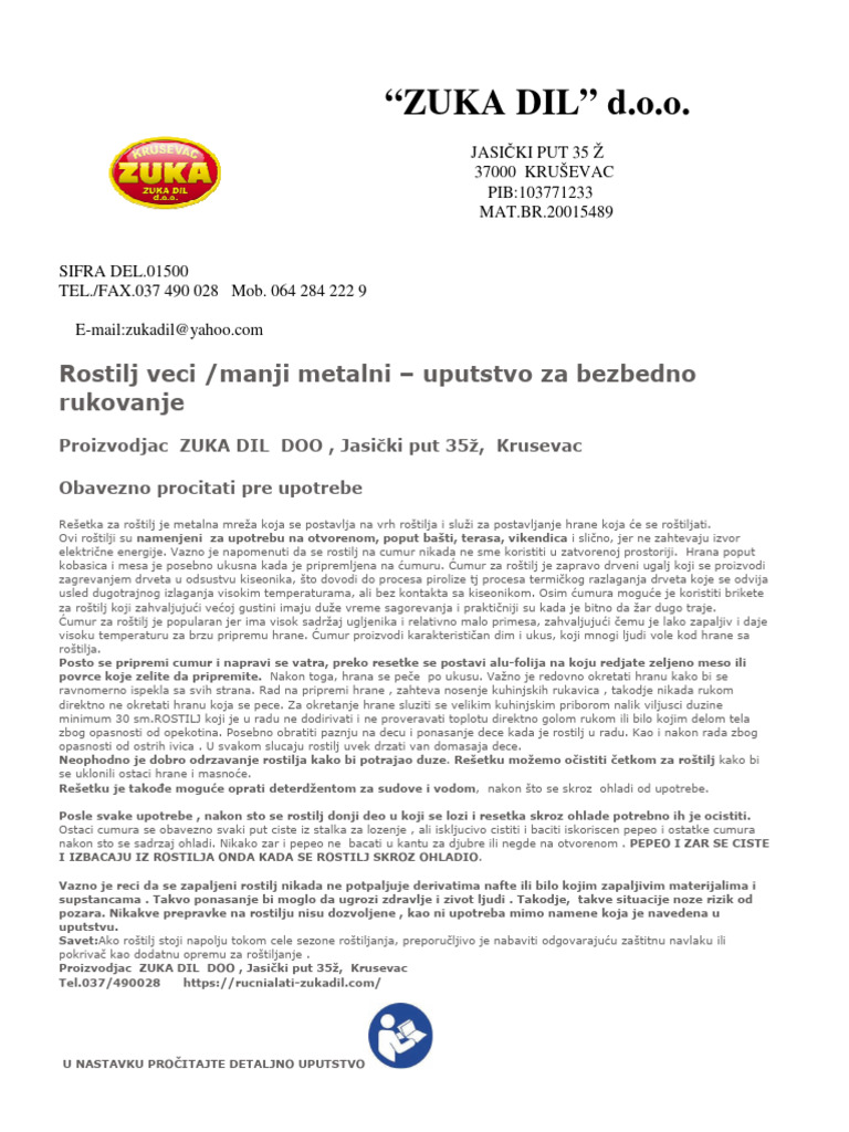 Uputstvo Za Rostilje ZUKA DIL | PDF