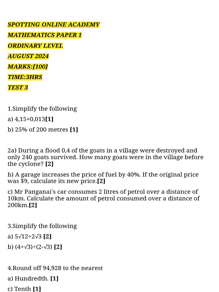 Mathematics Exam 3 at Spotting Online Academy | PDF