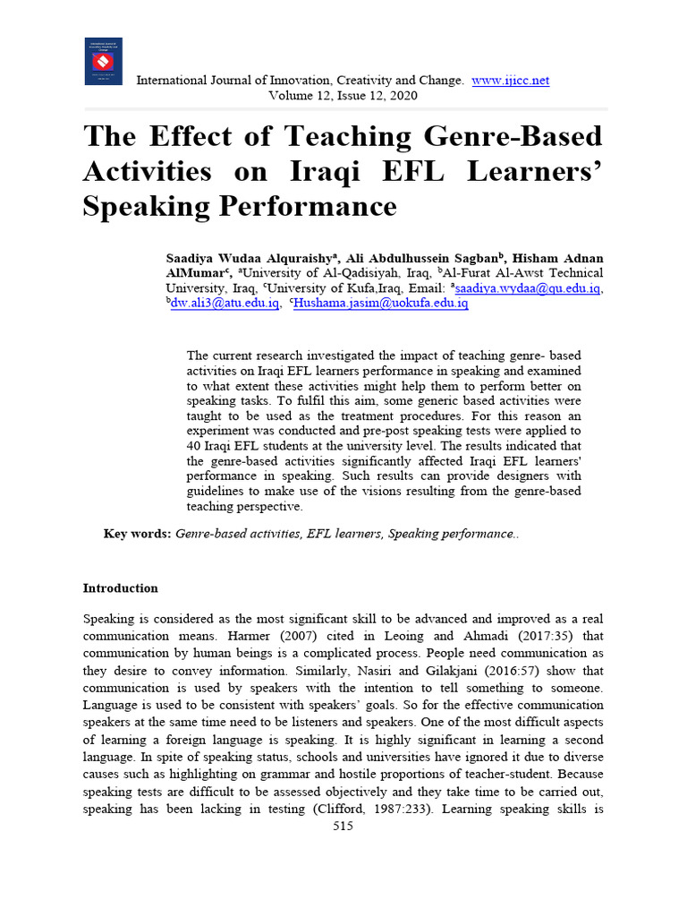 The Effect of Teaching Genre-Based Activities On Iraqi EFL Learners ...