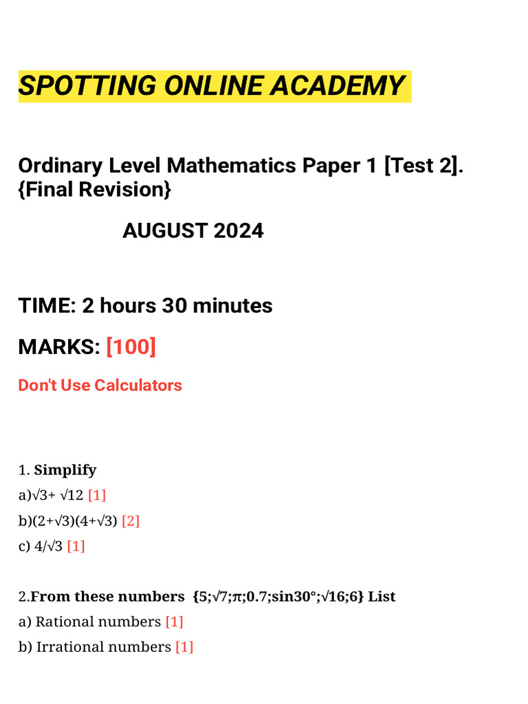 MATHEMATICS EXAM 2 SPOTTING ONLINE ACADEMY PDF