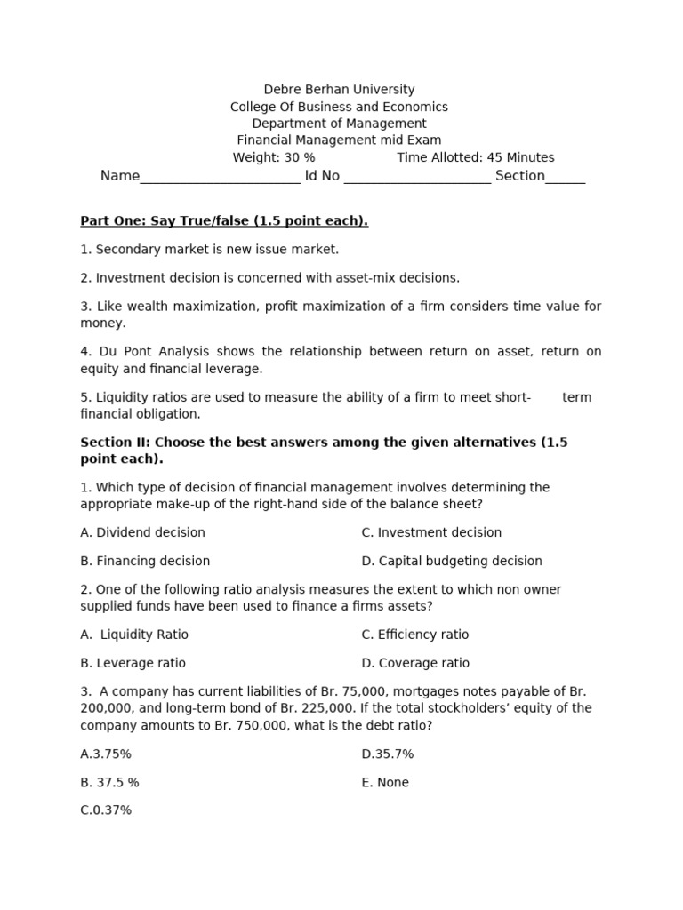 FM Mid Exam | PDF