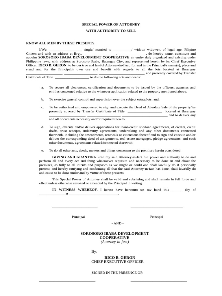 Special power of attorney with authority to sell pdf