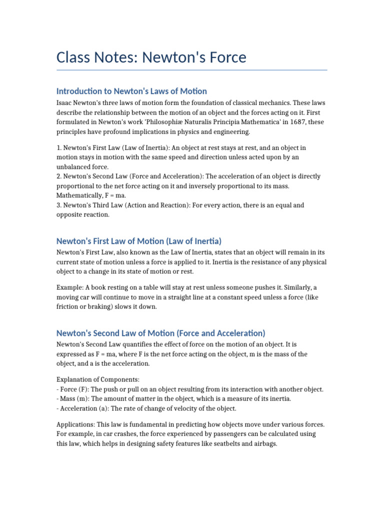 Newton Force Class Notes | PDF