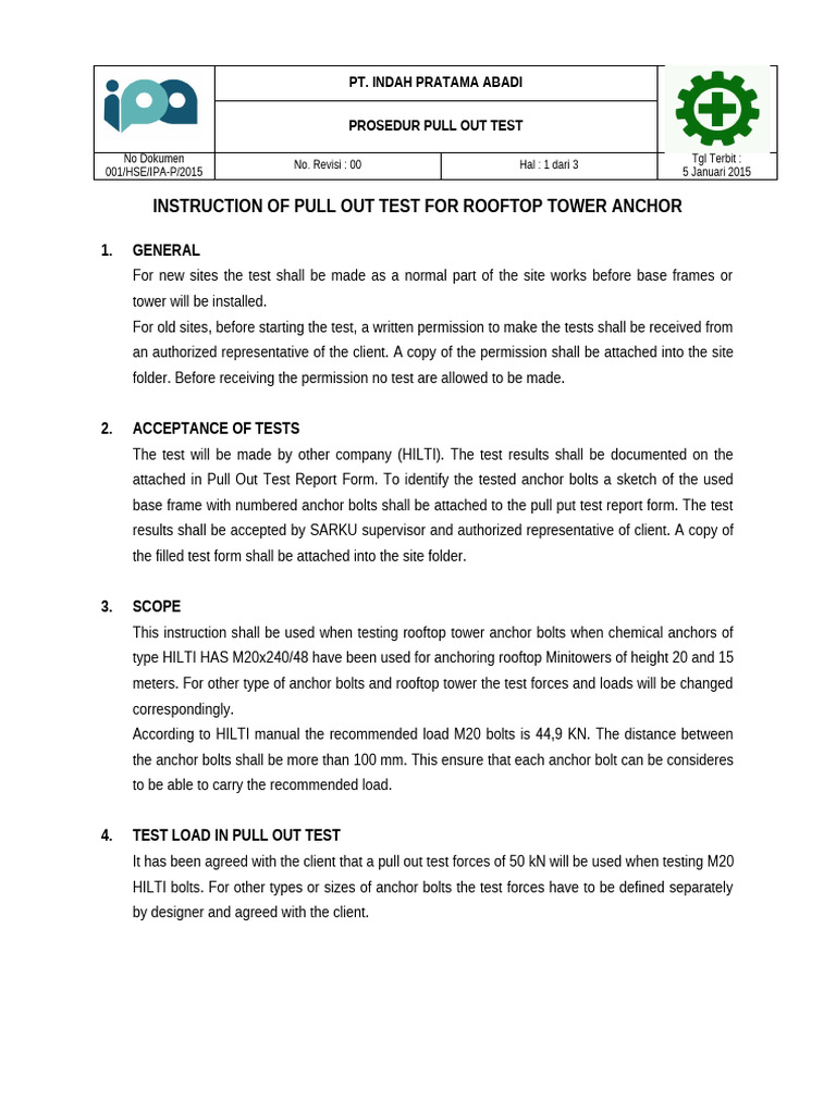 Pull Out Test Procedure for Rooftop Towers | PDF | Mechanical Engineering