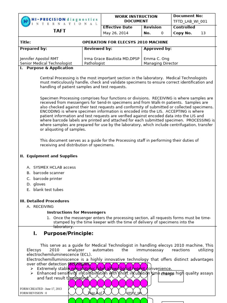 TFTD - LAB - WI - 001 Operation For Elecsys 2010 Machine 5.26.2014 R0 | PDF