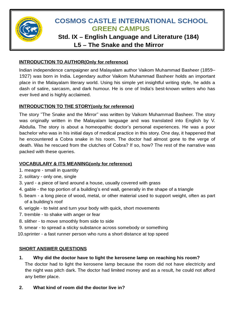 GR 9 L5 - The Snake and The Mirror - Notes | PDF