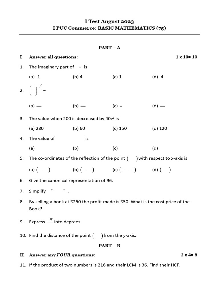 I PU Basic Mathematics I Test Question Paper - New | PDF