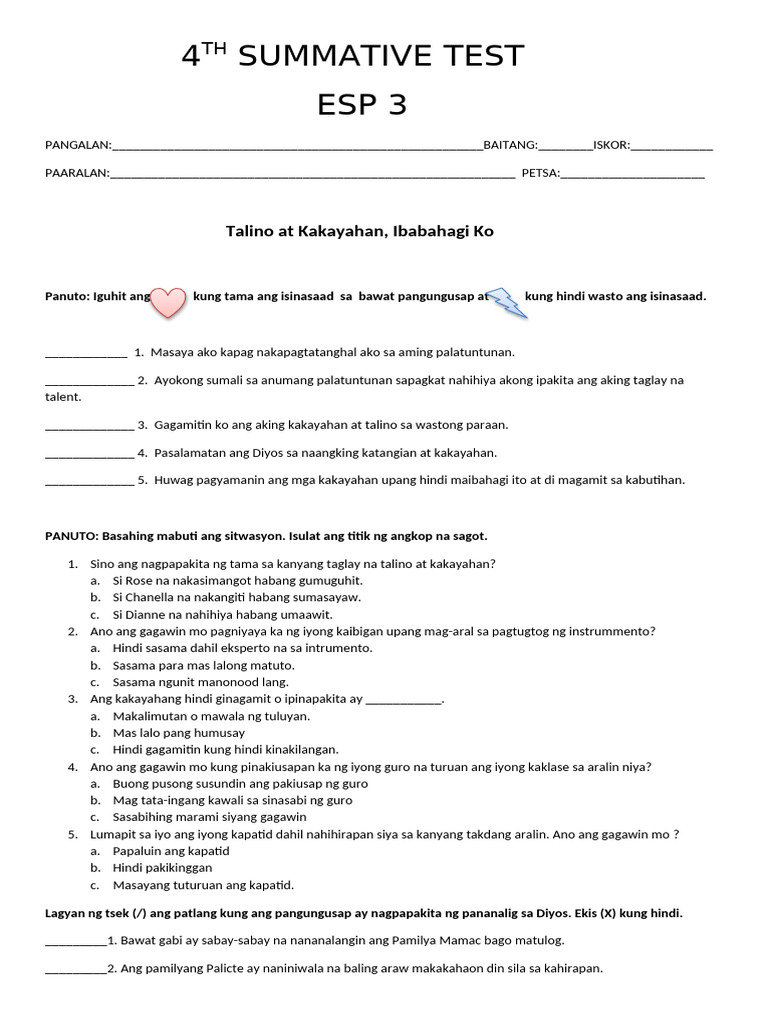 4TH Summative Test Esp | PDF