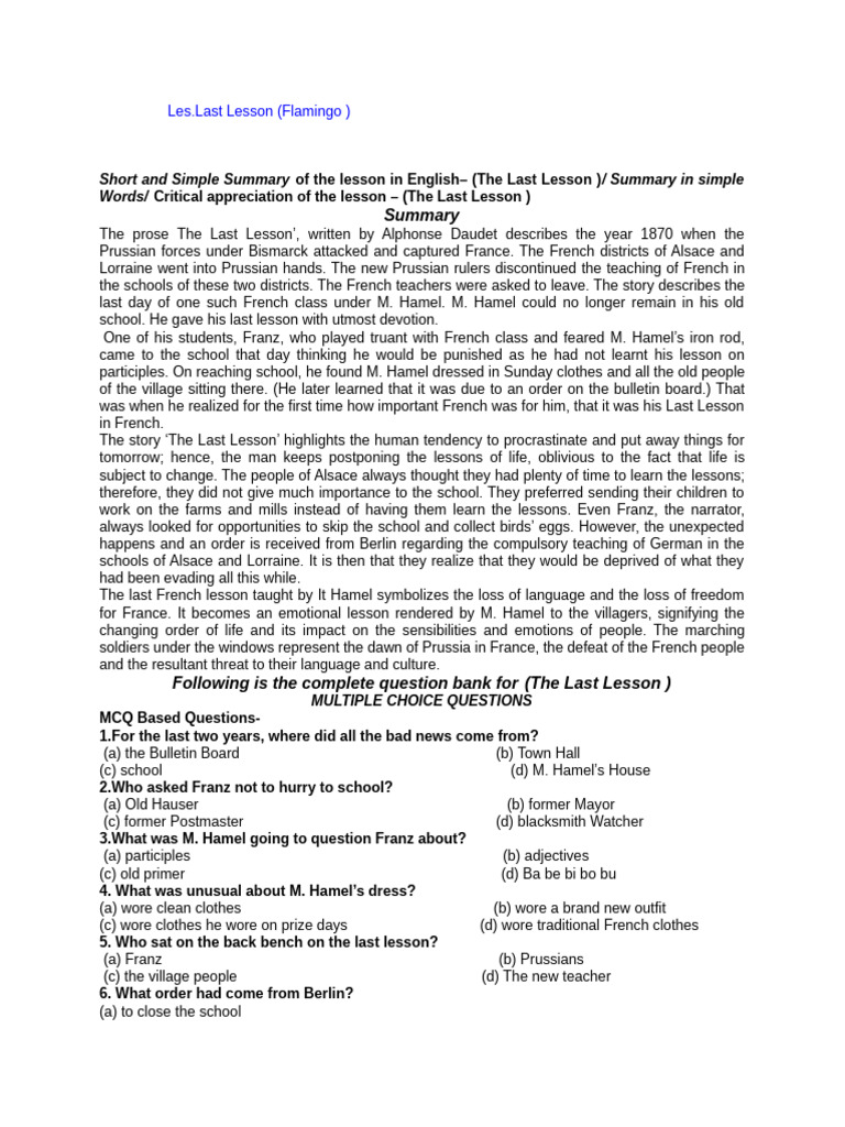 Les.1. Last Lesson Question Answer | PDF