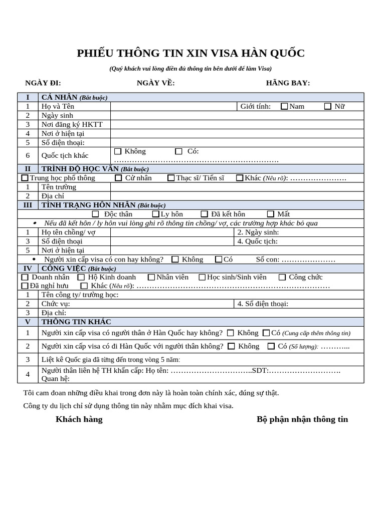 TỜ KHAI THÔNG TIN VISA HÀN QUỐC MỚI | PDF