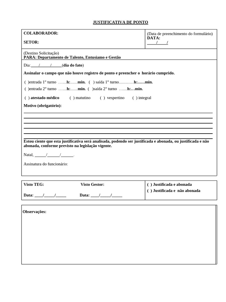 Modelo de Justificativa Controle de Ponto | PDF