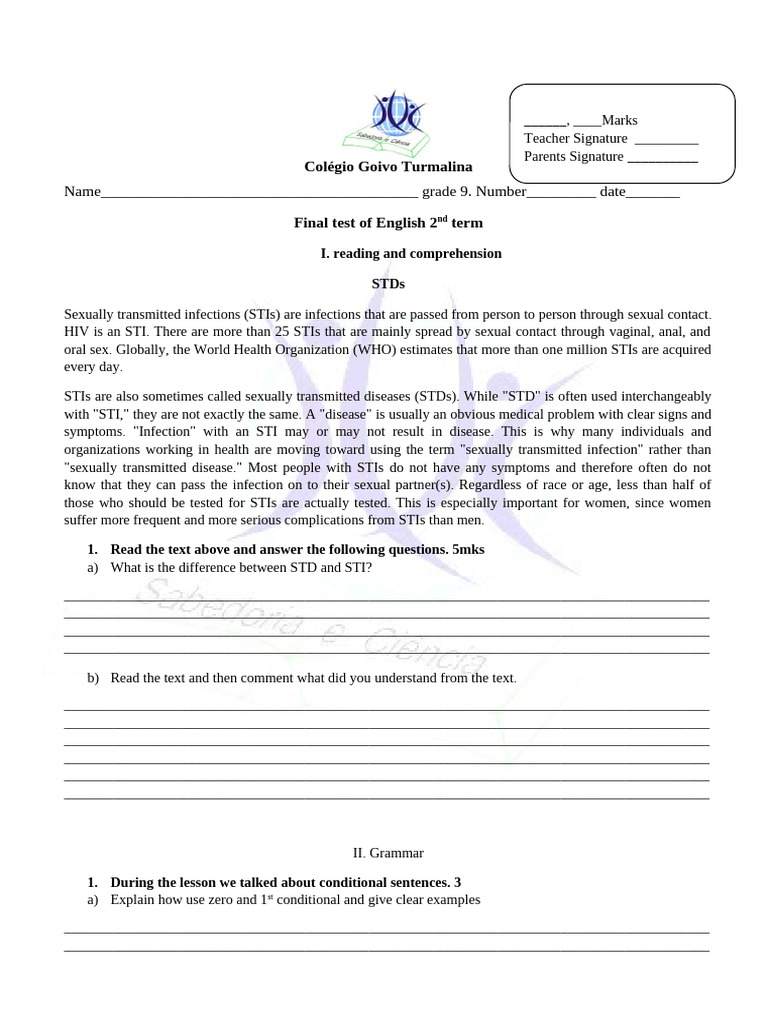 Grade 9 Final Text 2024 2nd Term | PDF | Sexually Transmitted Infection ...