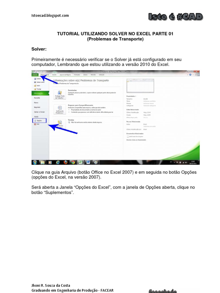 Tutorial Solver Excel 2010: Problemas de Transporte | PDF | Janela ...