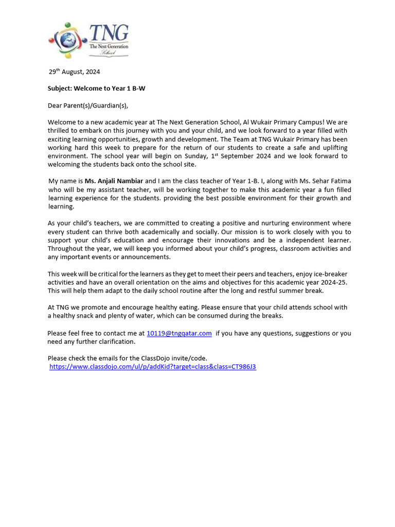 1b Welcome Letter 2024 2025 Pdf