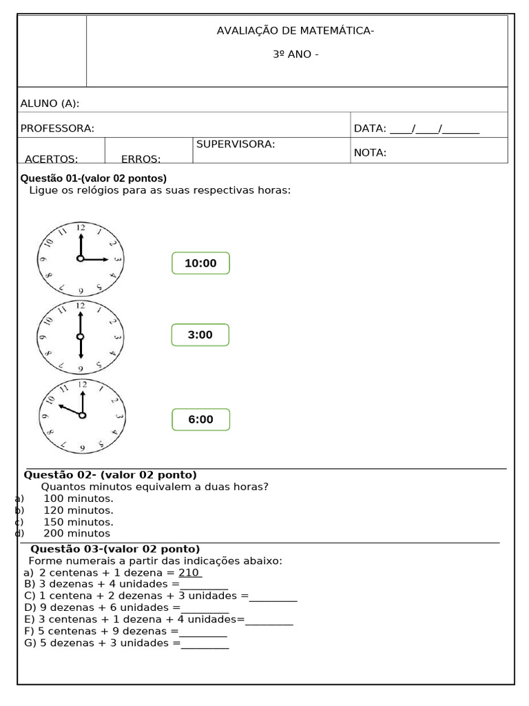 AVALIAÇÃO DE Matemática 3 Ano | PDF