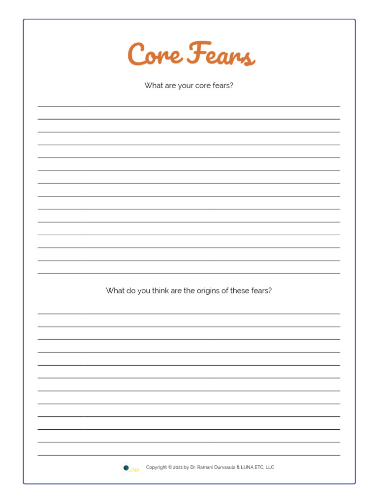 Core Fears Worksheet PDF