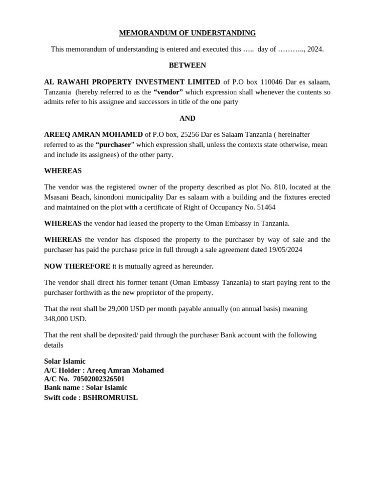 Memorandum of Understanding | PDF | Business Law | Civil Law (Legal System)