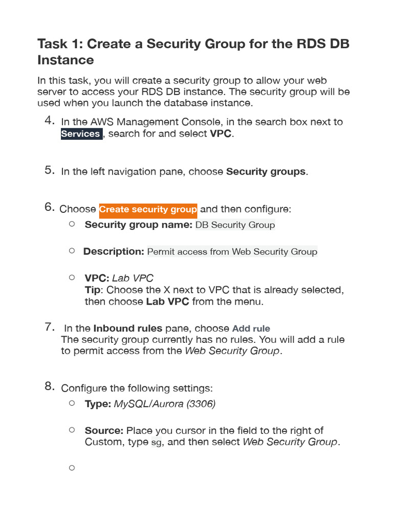 Task 1: Create A Security Group For The RDS DB Instance: Services | PDF