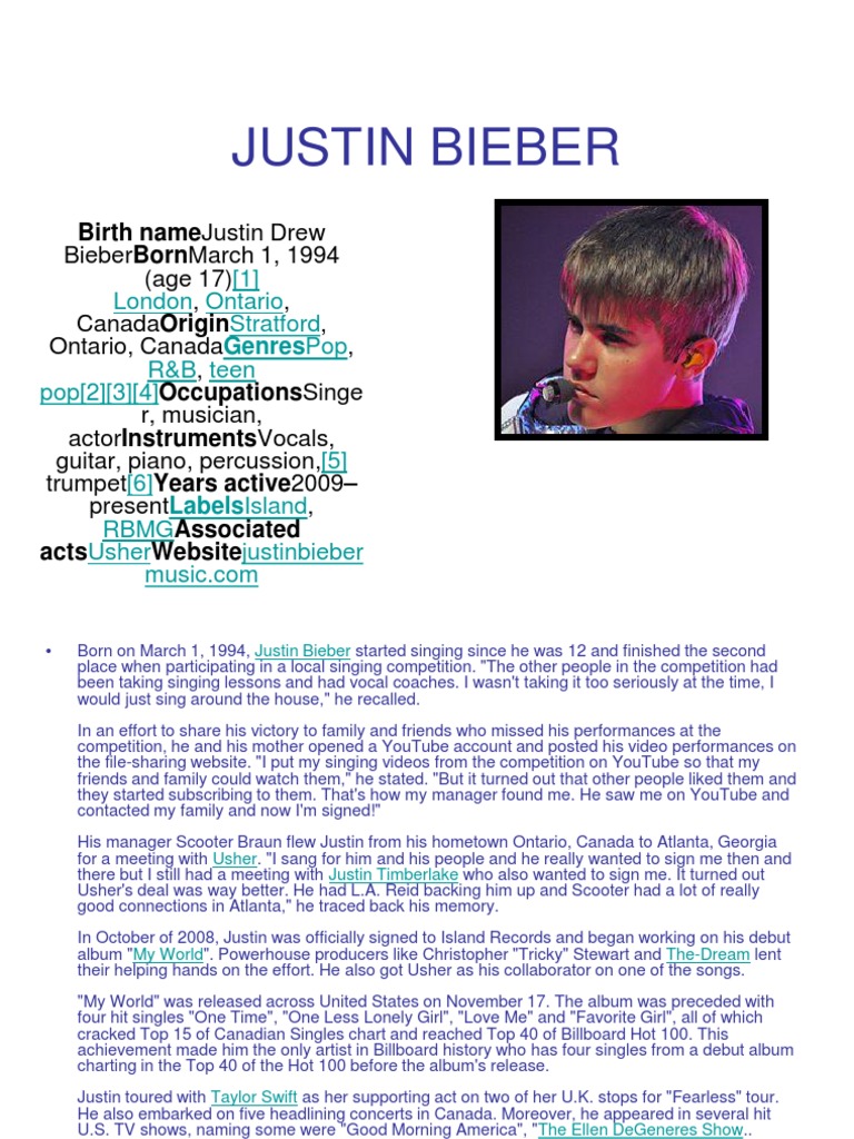 Justin Bieber: Birth Namejustin Drew | PDF | Justin Bieber | Music Media