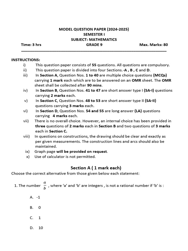 Semester I Math (Ix) Model QT Paper (2024 25 - 240828 - 190142 | PDF