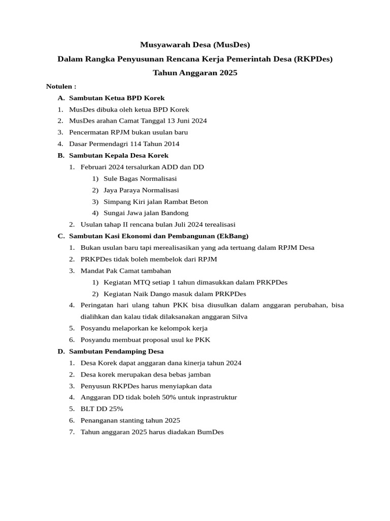Notulen MusDes RKPDes 2025 Desa Korek | PDF