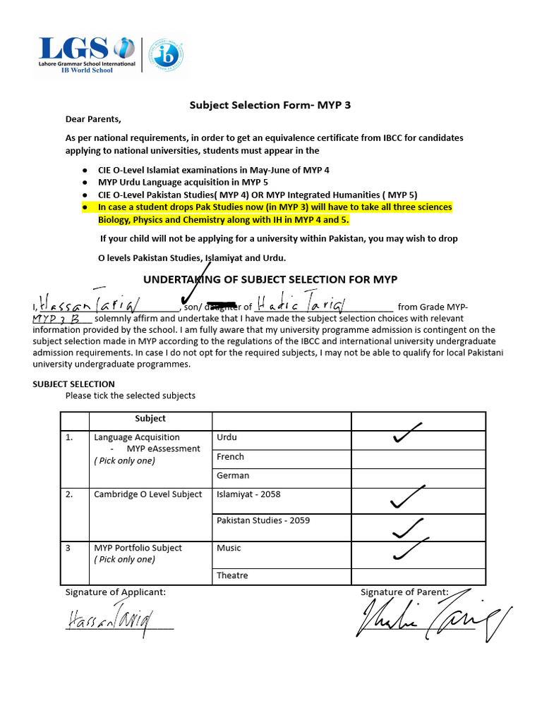 Subject Selection Grade 10