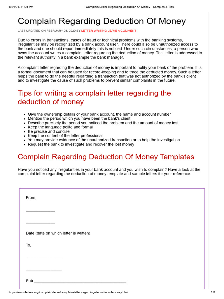 Complain Letter Regarding Deduction of Money - Samples & Tips | PDF
