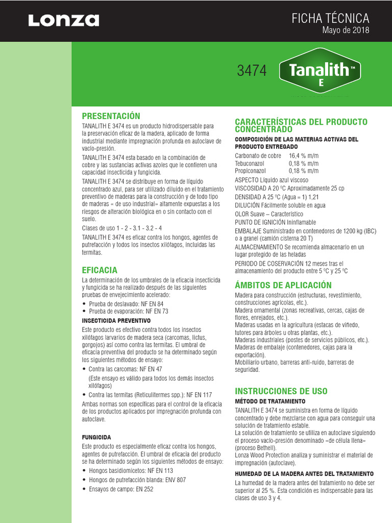 Ficha Tecnica Tratamiento Tanalith E3474 | PDF | Corrosión | Agua