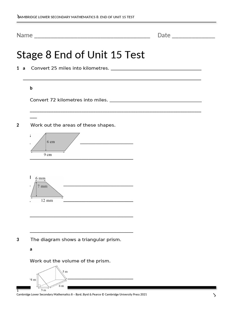 Stage 8 End of Unit 15 Test | PDF