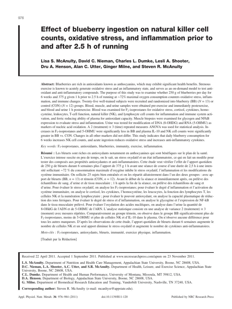 Effect of Blueberry Ingestion On Natural Killer Cell Counts, Oxidative ...