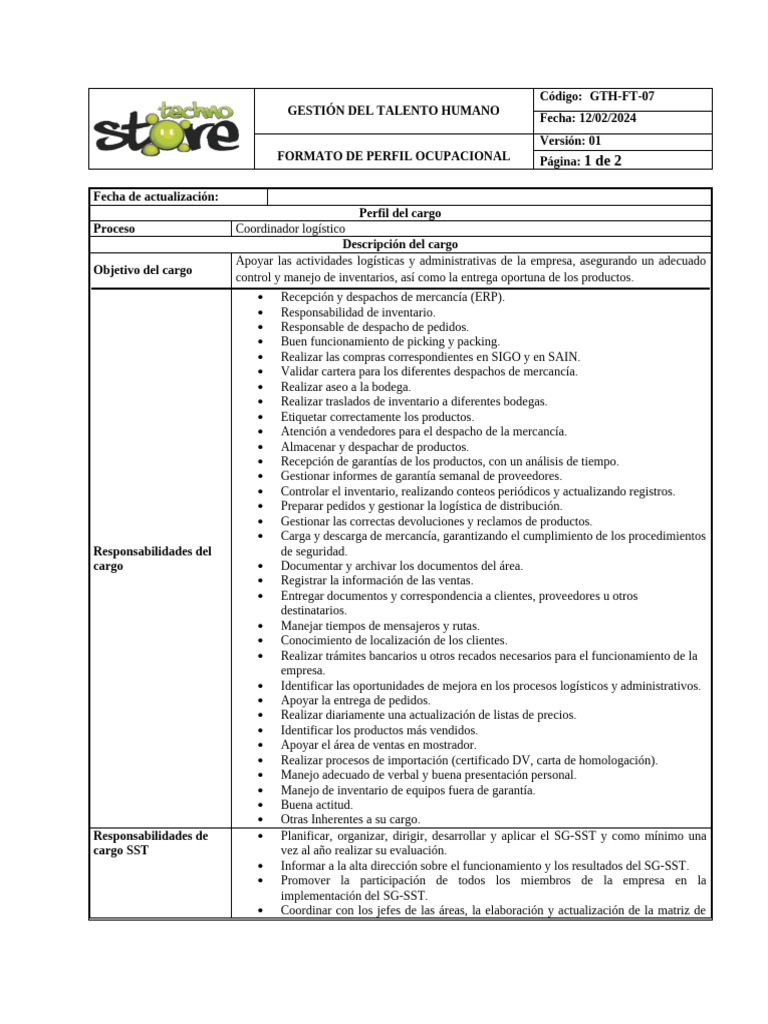 GTH FT 07 Formato Perfil Ocupacional Coordinador Logístico | PDF