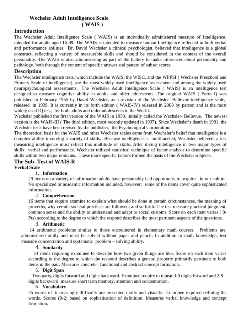 Wechsler Adult Intelligence Scale | PDF