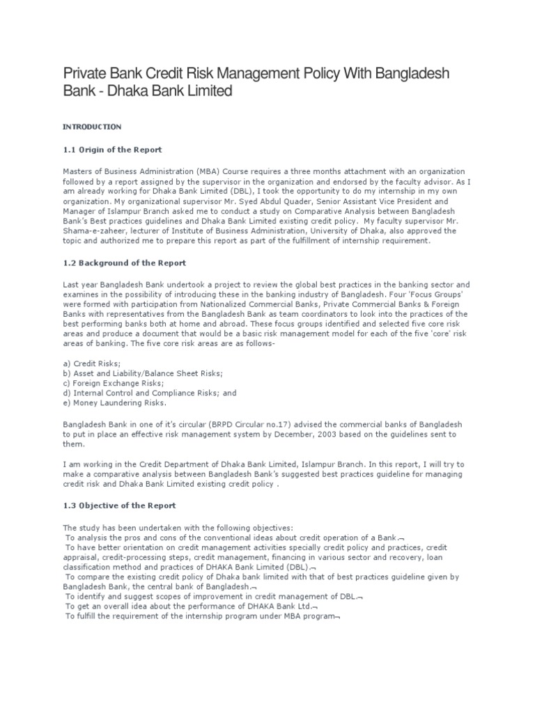 Private Bank Credit Risk Management Policy With Bangladesh Bank - 
