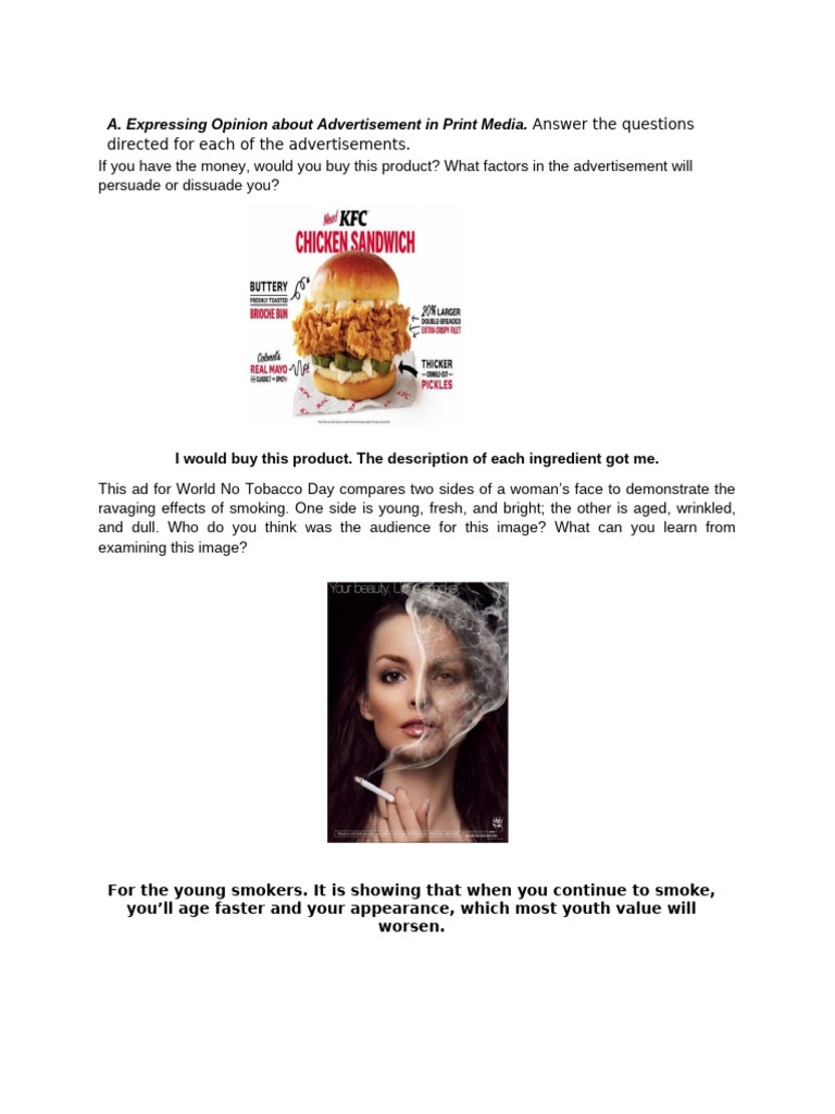 A. Expressing Opinion About Advertisement in Print Media.: Answer The ...