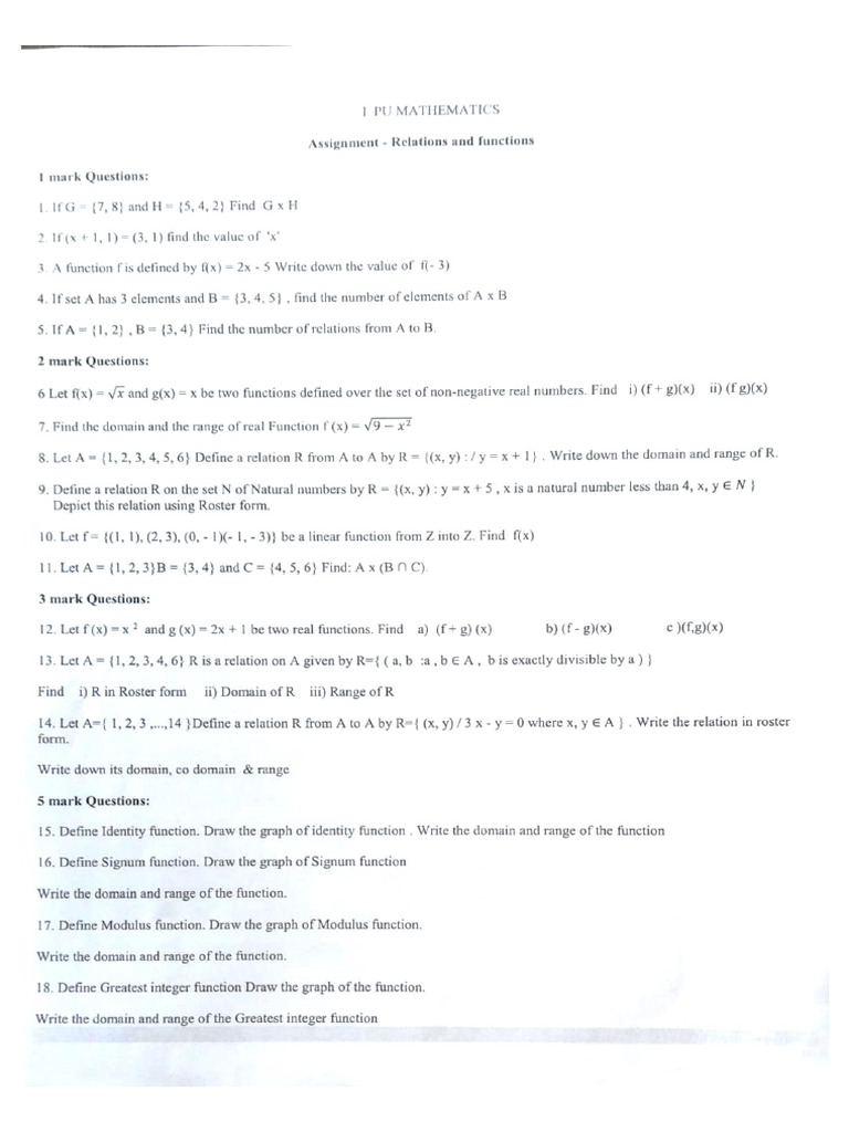 I PU Mathematics - Science Assignments For Class Test 1 | PDF