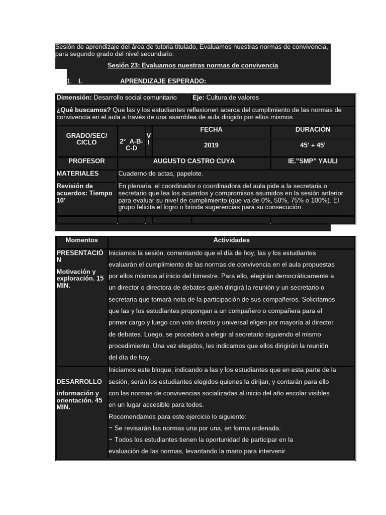 Sesión Evaluamos Las Normas de Convivencia 2023 | PDF